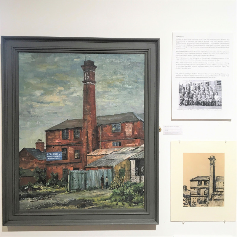 A photo of 'Bradbury's Factory, Earl Shilton' by .Painting loaned by Goldmark Gallery and Sketch loaned by Jane Kennedy