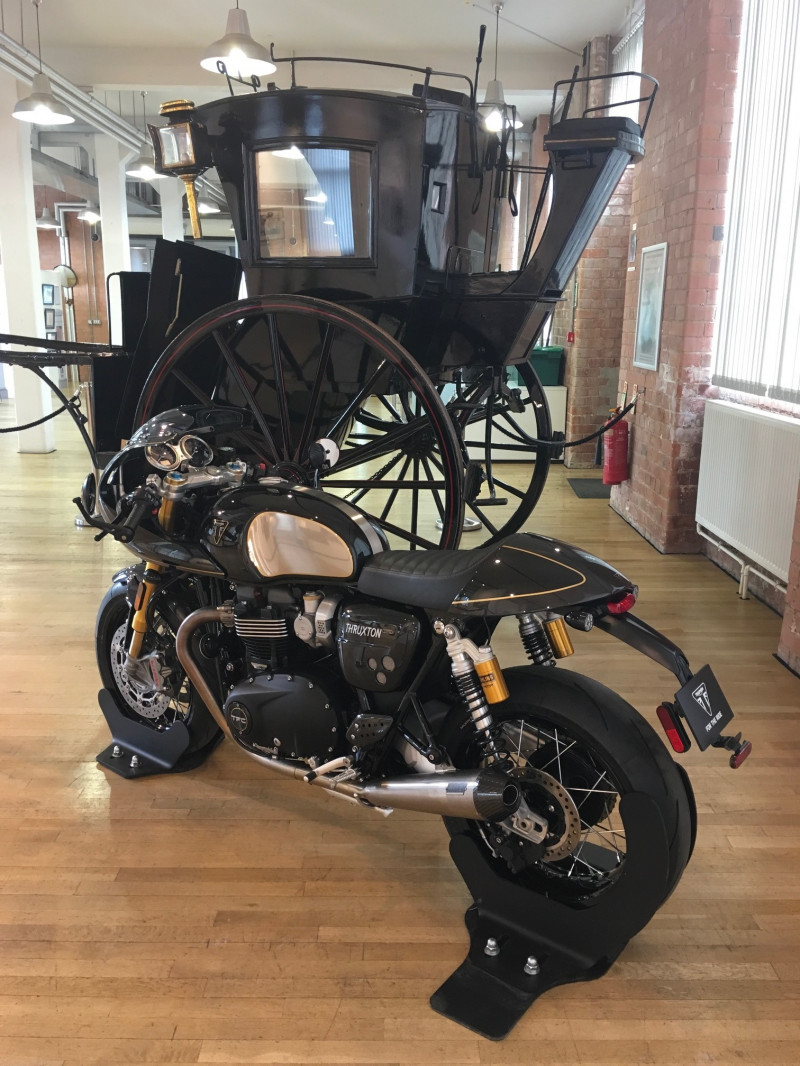 A photo of 'Hansom Cab and Triumph Thruxton TFC' by Hinckley and Bosworth Borough Council and Triumph Motorcycles