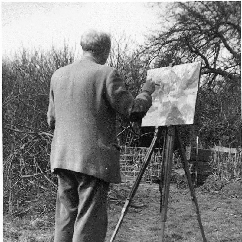 A photo of 'Noel at his easel in 1952' by .Loaned by Noel's family