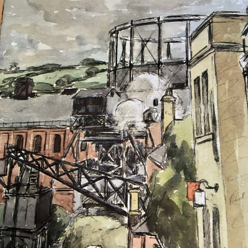 A photo of 'Gasworks from Hungerford Road, Bath' by . Loaned by Goldmark Gallery