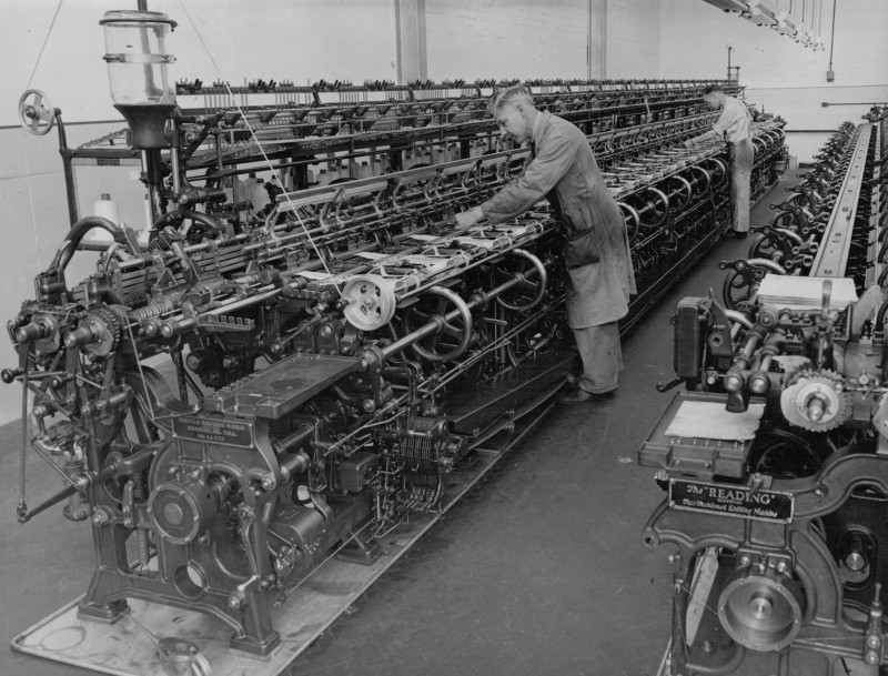 A photo of 'Reading Machines, a type of knitting machine in use at Atkins factory' by Hinckley & District Museum